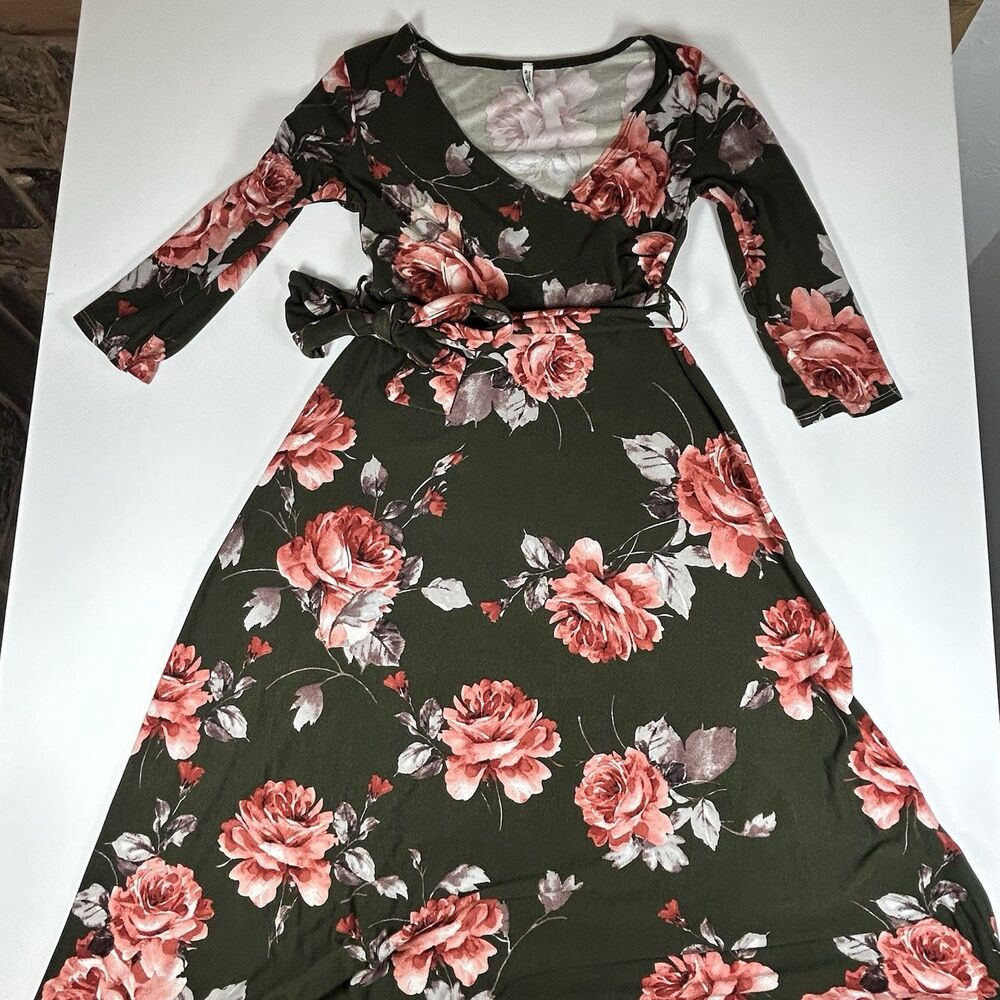Mother Bee Maternity Green Pink Floral Maxi Dress Soft Stretchy Belted Size Med - Picture 10 of 13